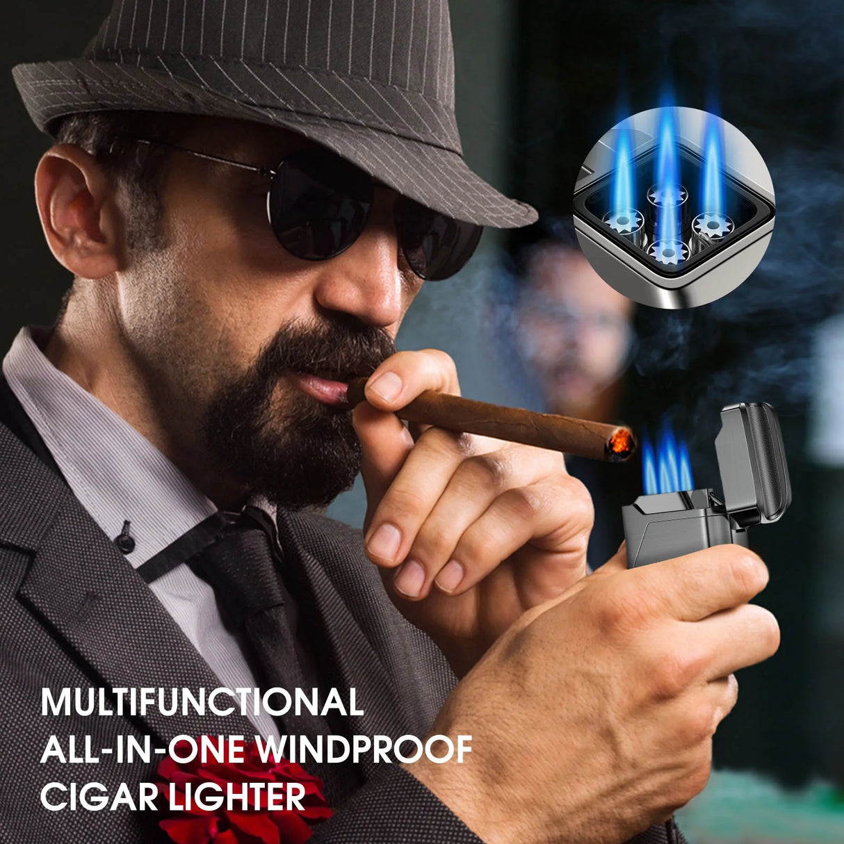 5-IN-1 WINDPROOF TORCH CIGAR LIGHTER – 4 JET FLAME, V-CUT, PUNCH & HOLDER