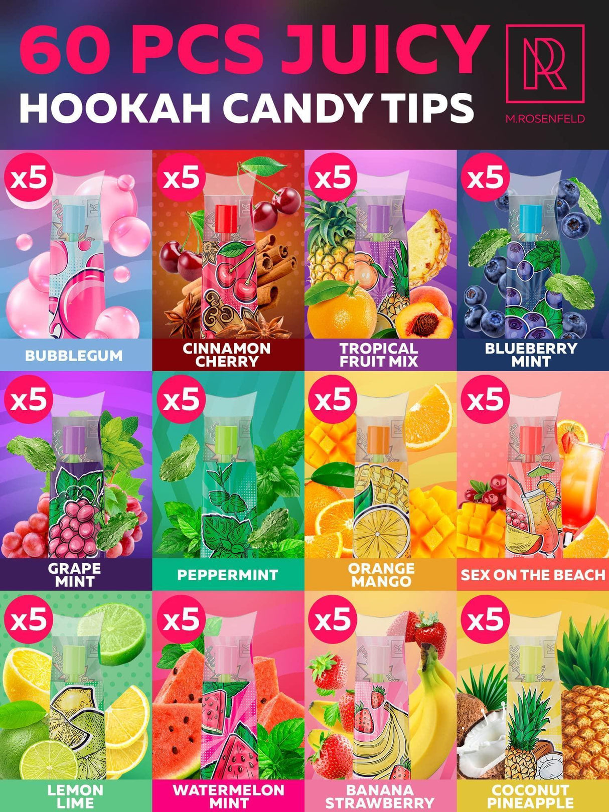CANDY HOOKAH TIPS 60 PCS GLOW IN THE DARK JOLLY TIPS INDIVIDUALLY WRAPPED