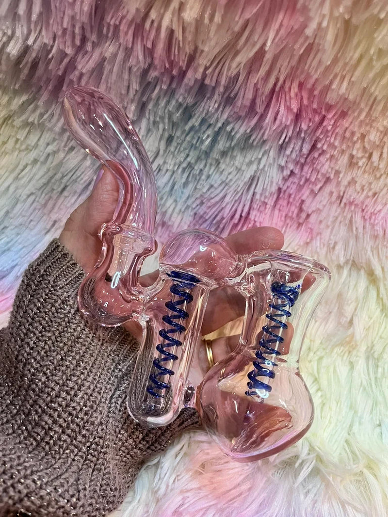 7.5"Pink Double Chamber Glass Bubbler Girly Glass Bong Pink Glass Water Pipe