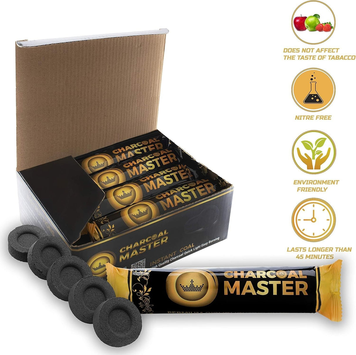 HOOKAH CHARCOAL BRIQUETTES 33MM INSTANT LIGHT – 45 MIN BURN, LOW SMOKE (100 PACK)