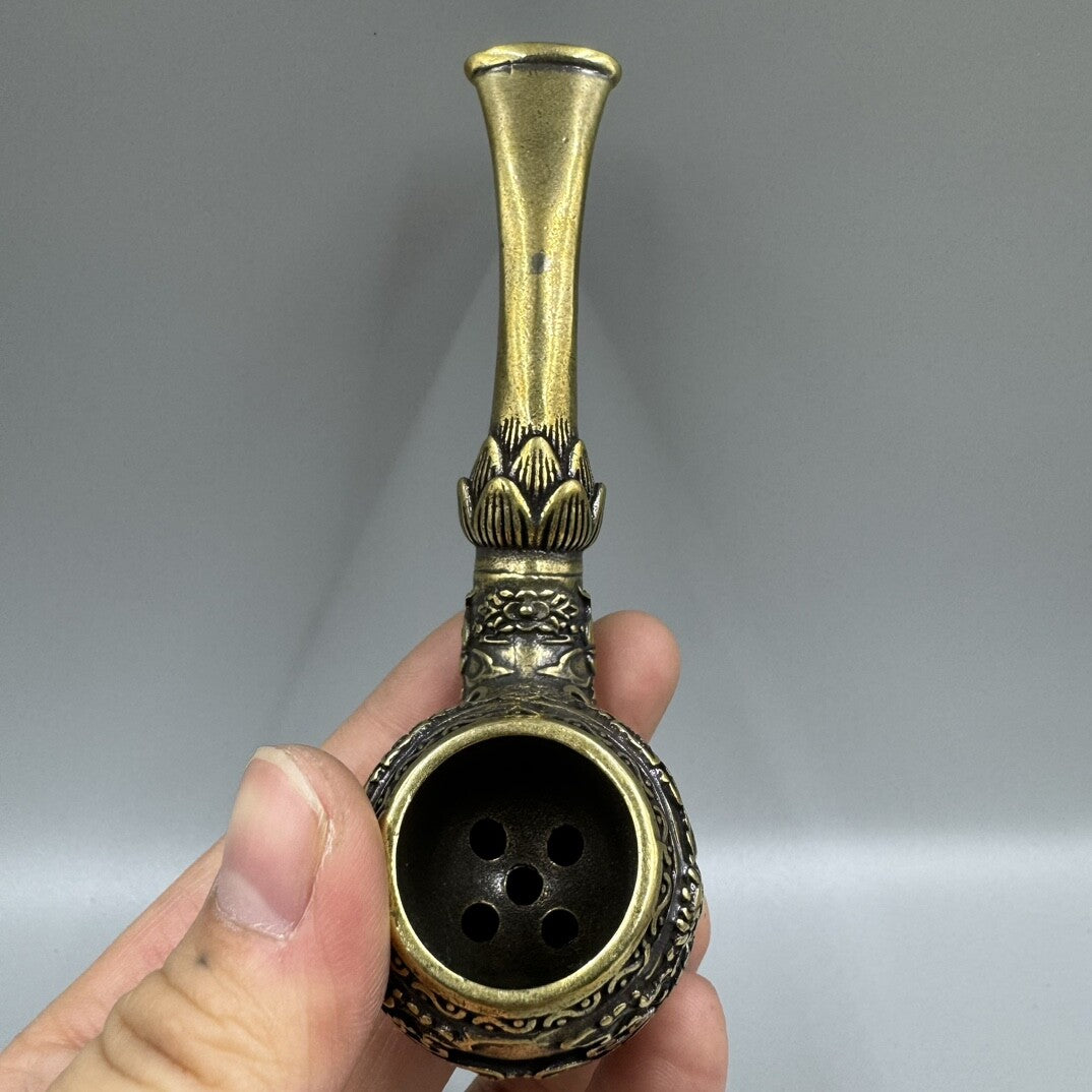 4.8"Collect China Brass Animal Carp Carving Flowers Dry Tobacco Bag Tobacco Pipe