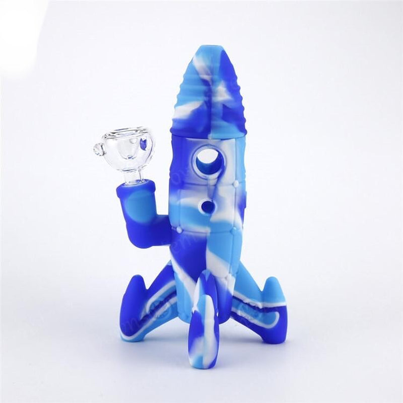 8" Silicone / Glass Space Rocketship UFO Water Pipe Bubbler Bong W/ Glass Bowl
