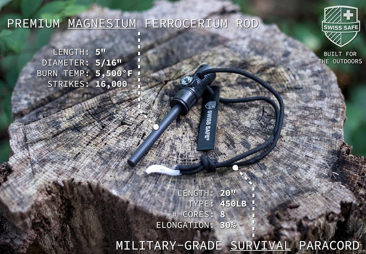 SWISS SAFE MAGNESIUM FIRE STARTER WITH FERRO ROD, STRIKER, COMPASS & WHISTLE