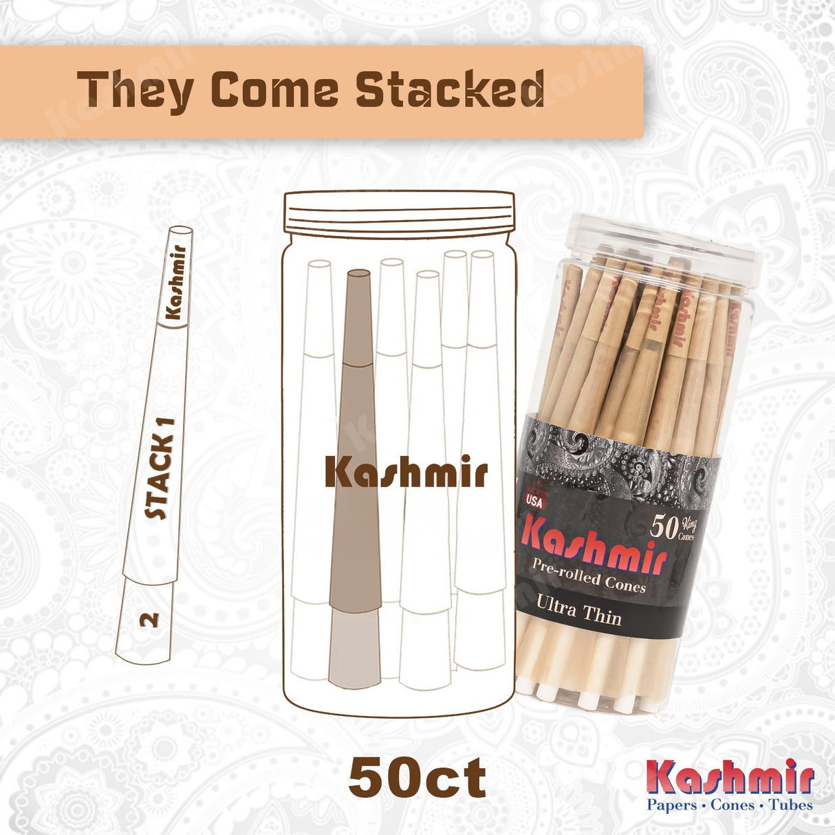 Kashmir Pre Rolled Cones King Ultrathin Slow Burning Rolling Paper Cones 50 Ct