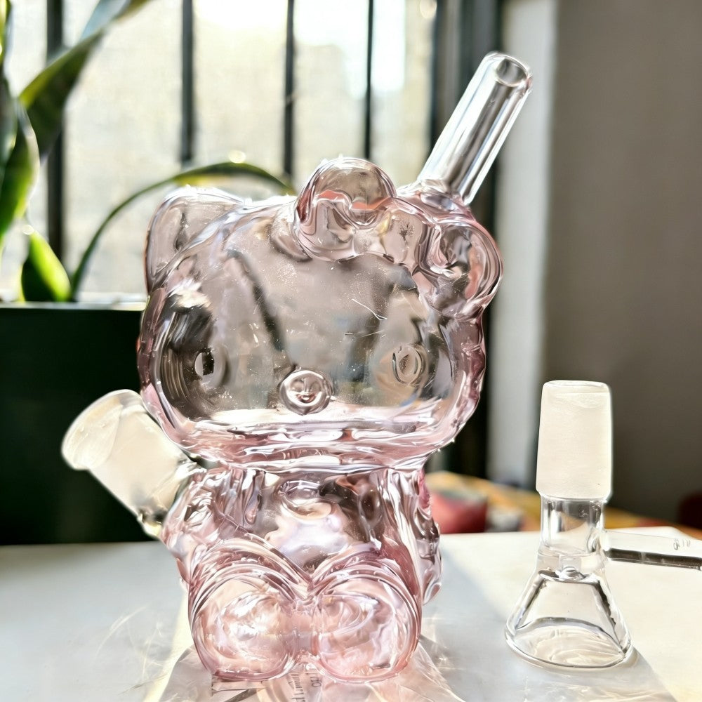 4'' Pink Cat Small Glass Bong Bubbler Diffuser Perc Smoking Pipe with 14Mm Bowl