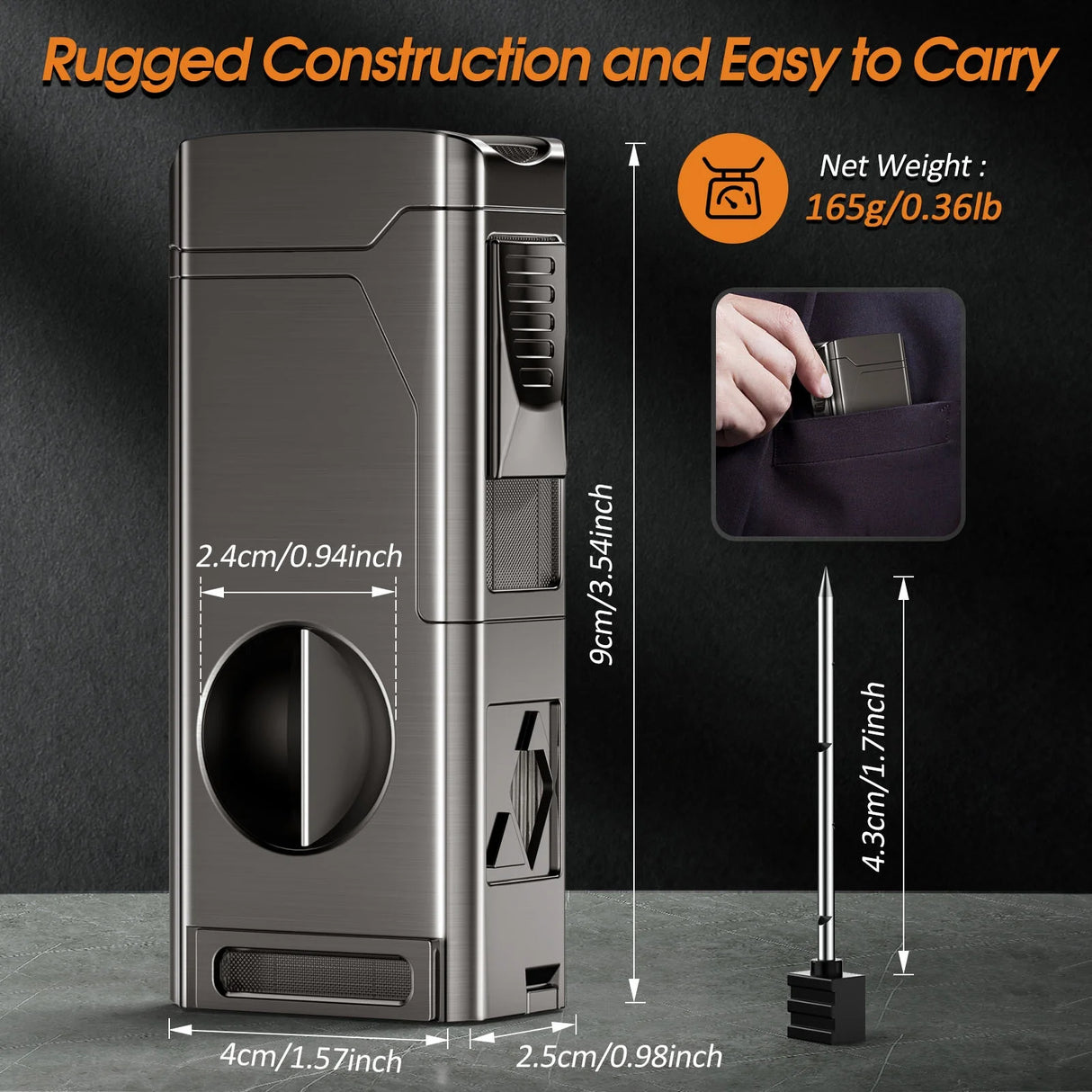 5-IN-1 WINDPROOF TORCH CIGAR LIGHTER – 4 JET FLAME, V-CUT, PUNCH & HOLDER