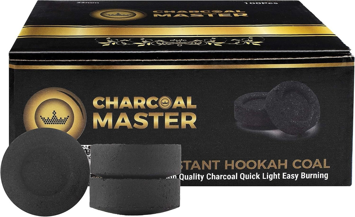 HOOKAH CHARCOAL BRIQUETTES 33MM INSTANT LIGHT – 45 MIN BURN, LOW SMOKE (100 PACK)