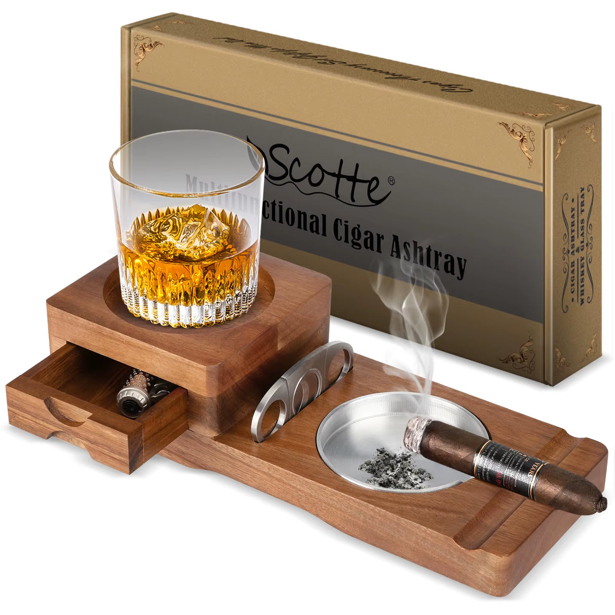 Scotte Cigar Ashtray for Men, Whiskey Glass Tray, Wooden Ash Tray, Cigar Cutter, Include Drawer, Cigar Slot, Accessories