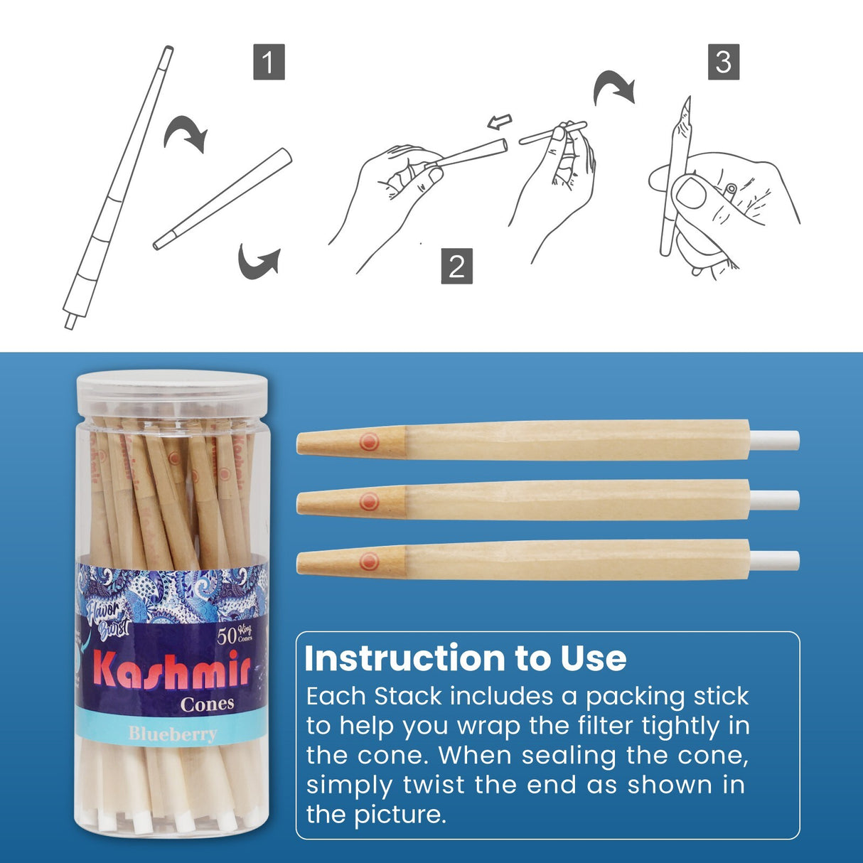 Kashmir Pre Rolled Cones King Size Blueberry Flavored Rolling Paper Cones 50 Ct