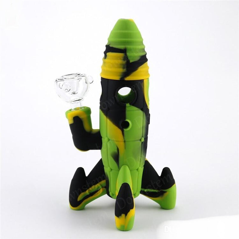 8" Silicone / Glass Space Rocketship UFO Water Pipe Bubbler Bong W/ Glass Bowl