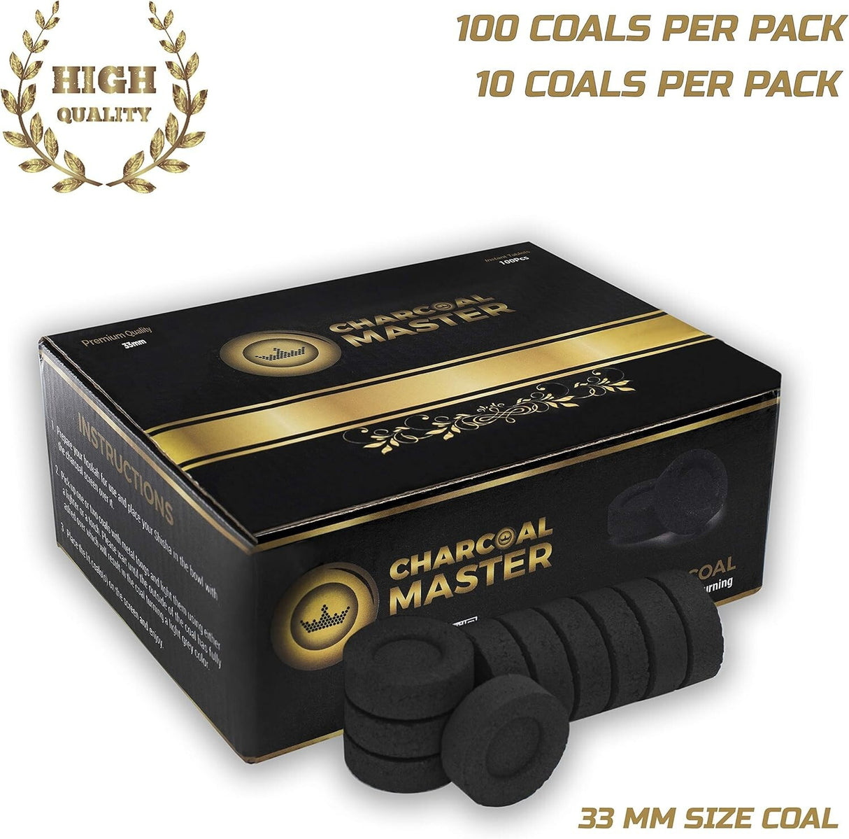 HOOKAH CHARCOAL BRIQUETTES 33MM INSTANT LIGHT – 45 MIN BURN, LOW SMOKE (100 PACK)