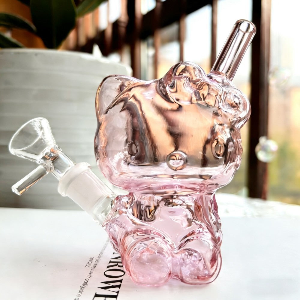 4'' Pink Cat Small Glass Bong Bubbler Diffuser Perc Smoking Pipe with 14Mm Bowl
