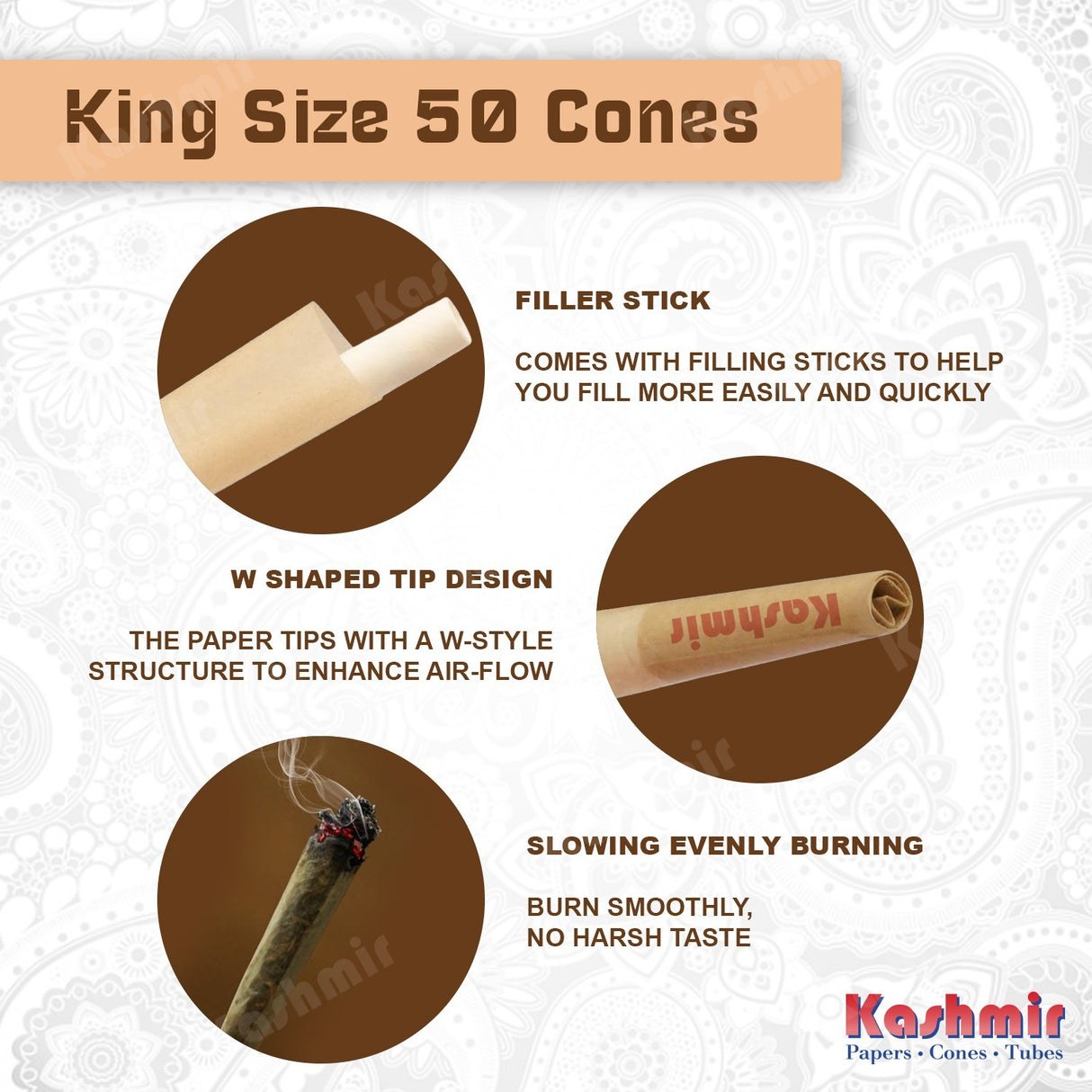 Kashmir Pre Rolled Cones King Ultrathin Slow Burning Rolling Paper Cones 50 Ct