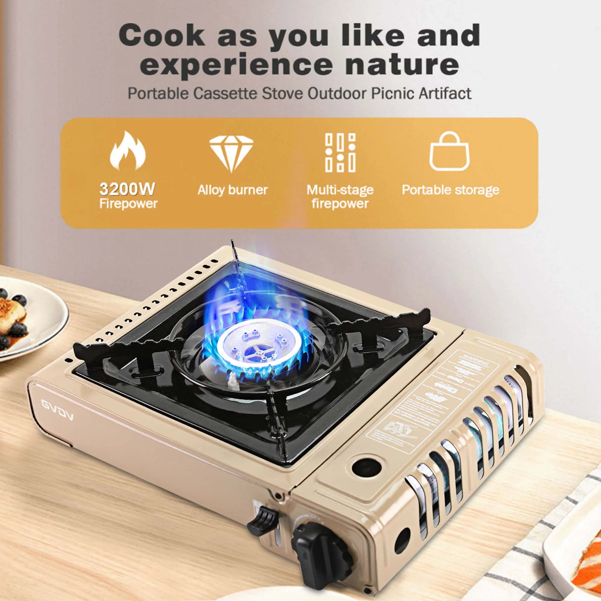 GVDV PORTABLE 1-BURNER BUTANE CAMPING GOLD STOVE WITH UPDATED CARRYING CASE