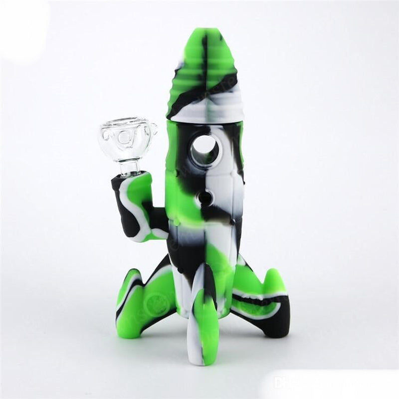 8" Silicone / Glass Space Rocketship UFO Water Pipe Bubbler Bong W/ Glass Bowl