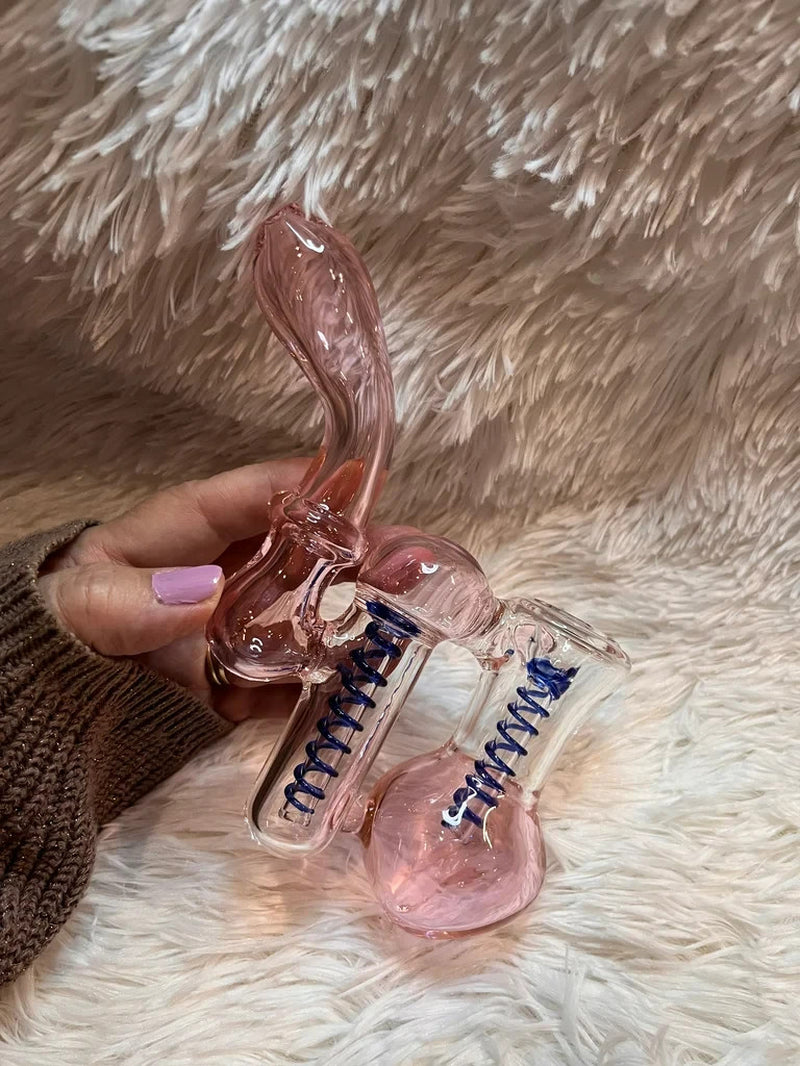 7.5"Pink Double Chamber Glass Bubbler Girly Glass Bong Pink Glass Water Pipe