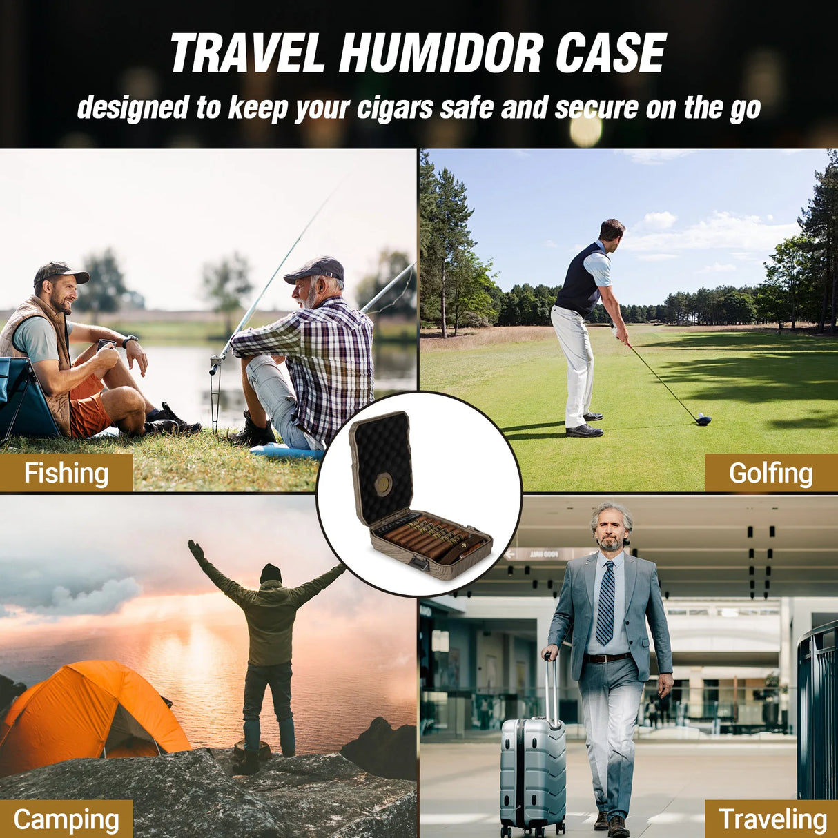 AWOTE CEDAR WOOD TRAVEL CIGAR HUMIDOR WITH LIGHTER, HUMIDIFIER & HYGROMETER