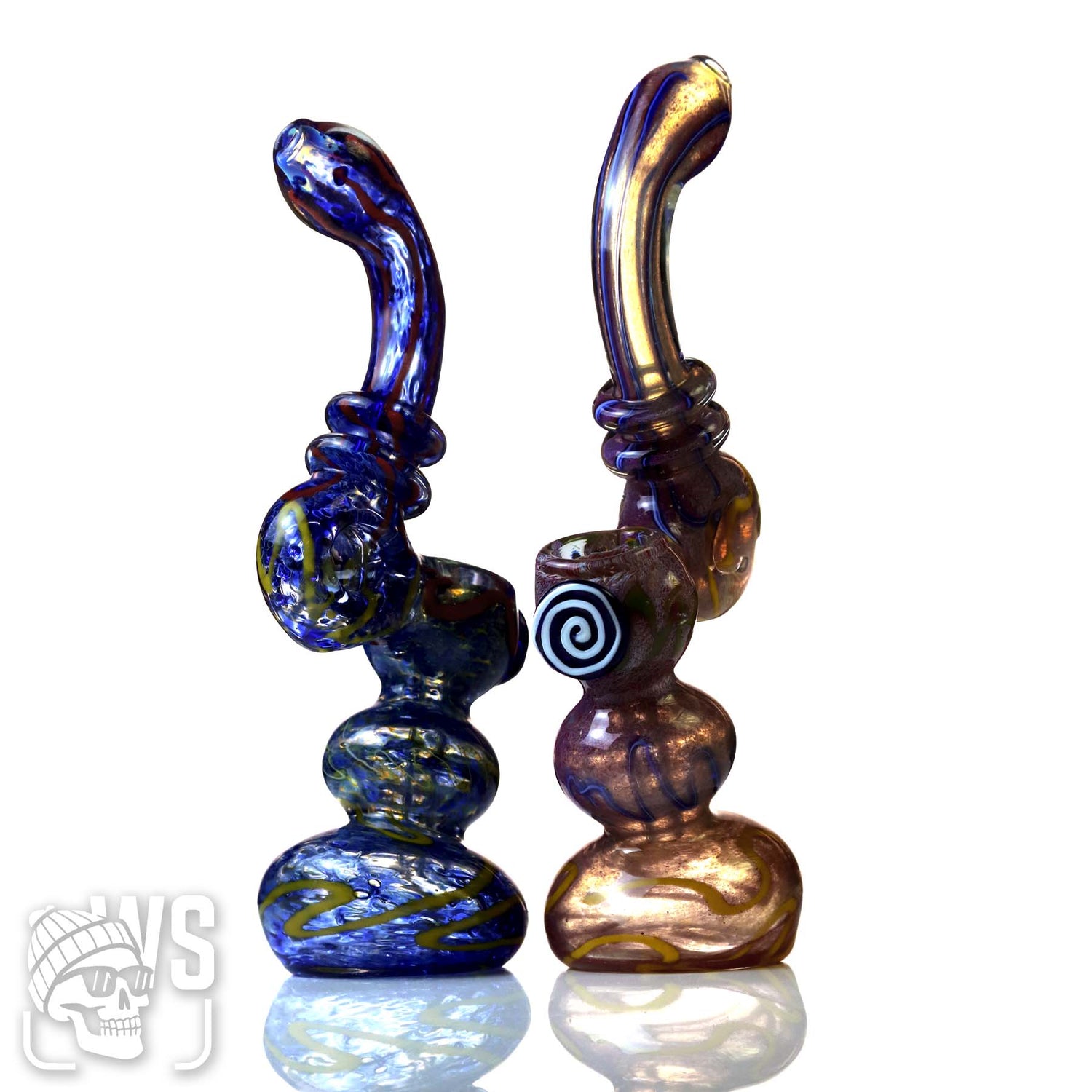GLASS BUBBLER WITH WORKED PATTERN & SIDE HANDLE