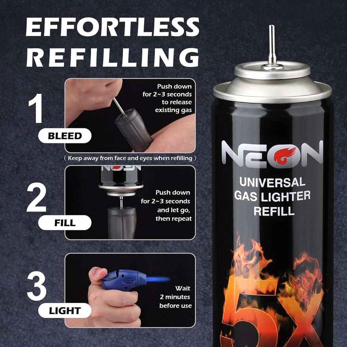 NEON 5X REFINED BUTANE LIGHTER GAS REFILL – UNIVERSAL, 300 ML (4 PACK)