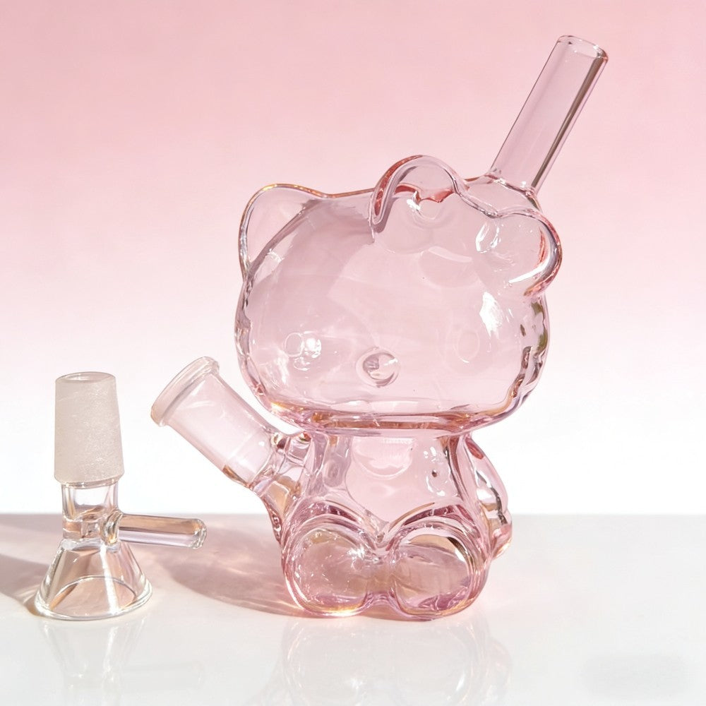Pink Kitty Cat 4'' Glass Bong Bubbler Built-In Filter Hookah Smoking Water Pipe