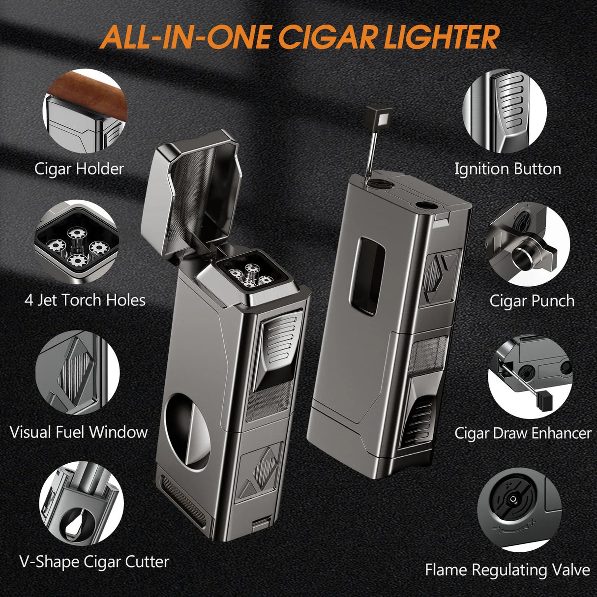 5-IN-1 WINDPROOF TORCH CIGAR LIGHTER – 4 JET FLAME, V-CUT, PUNCH & HOLDER