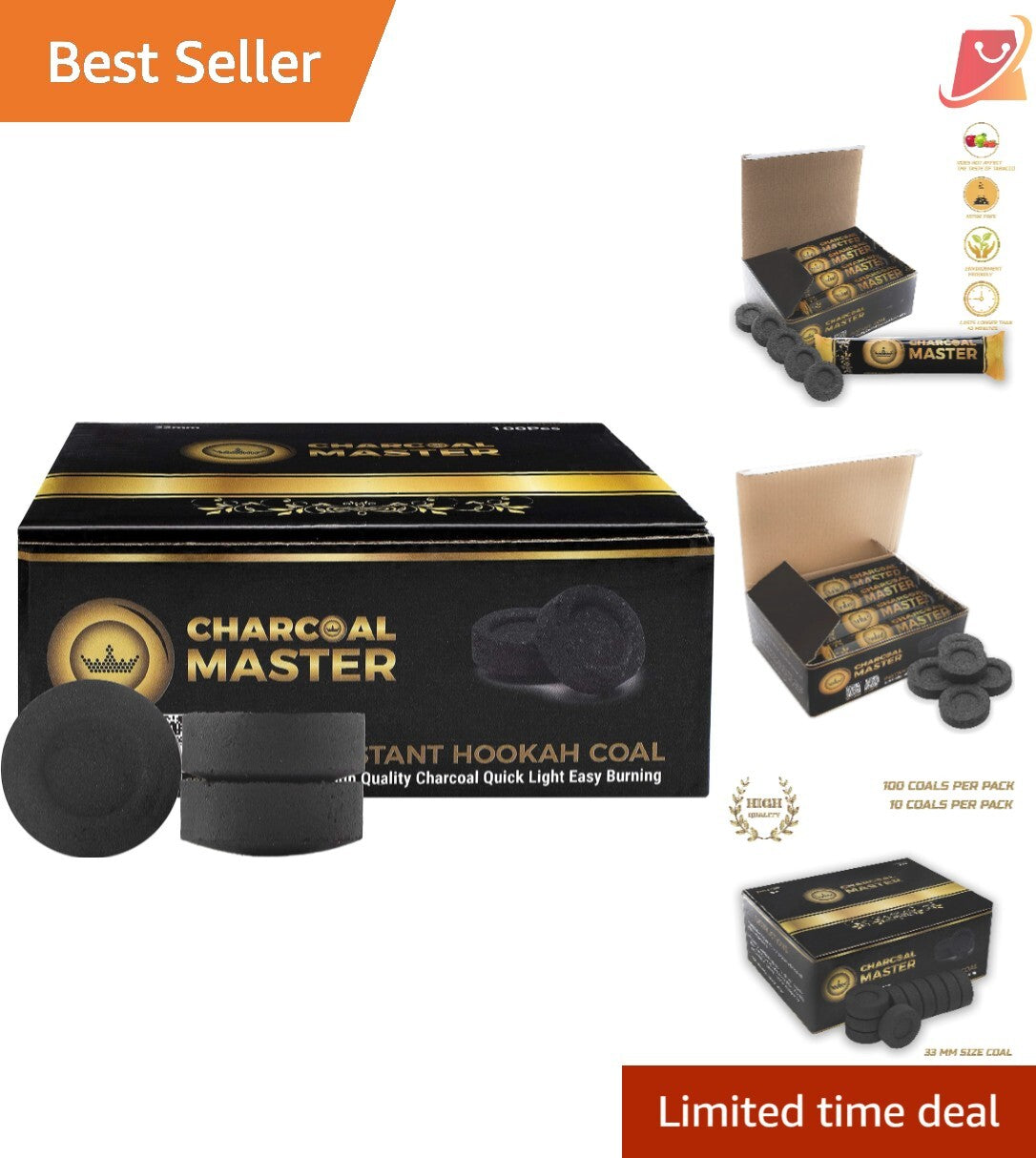 HOOKAH CHARCOAL BRIQUETTES 33MM INSTANT LIGHT – 45 MIN BURN, LOW SMOKE (100 PACK)