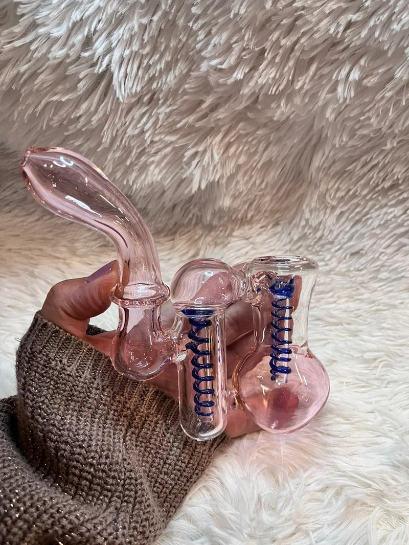 7.5"Pink Double Chamber Glass Bubbler Girly Glass Bong Pink Glass Water Pipe