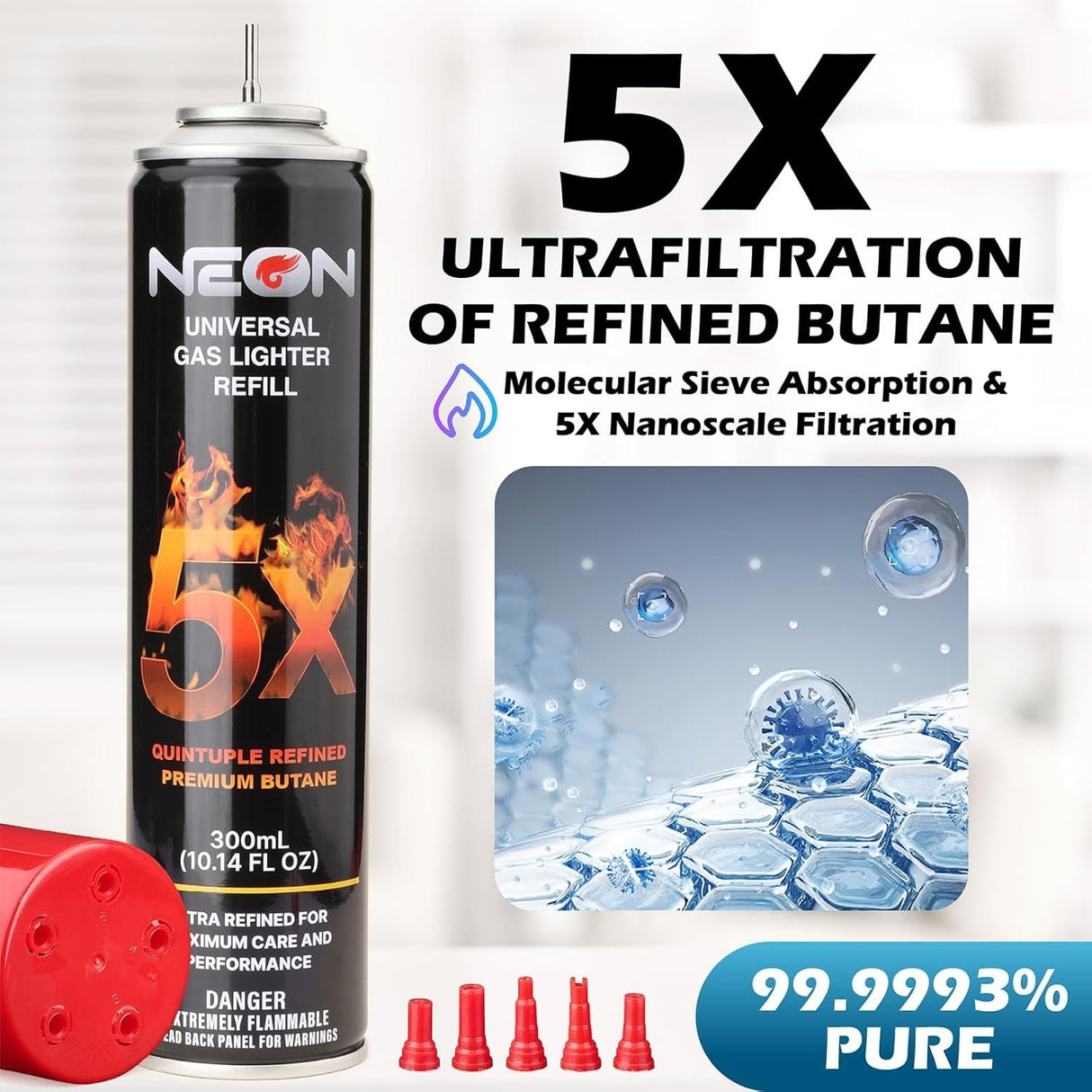 NEON 5X REFINED BUTANE LIGHTER GAS REFILL – UNIVERSAL, 300 ML (4 PACK)