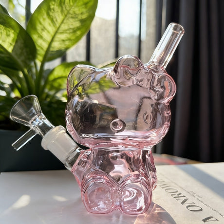 4'' Pink Cat Small Glass Bong Bubbler Diffuser Perc Smoking Pipe with 14Mm Bowl