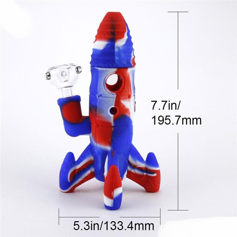 8" Silicone / Glass Space Rocketship UFO Water Pipe Bubbler Bong W/ Glass Bowl