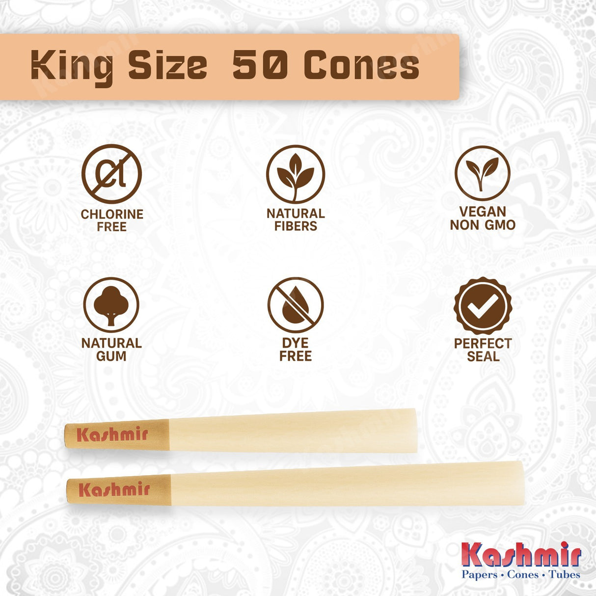 Kashmir Pre Rolled Cones King Ultrathin Slow Burning Rolling Paper Cones 50 Ct