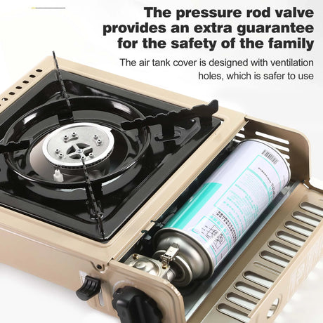 GVDV PORTABLE 1-BURNER BUTANE CAMPING GOLD STOVE WITH UPDATED CARRYING CASE