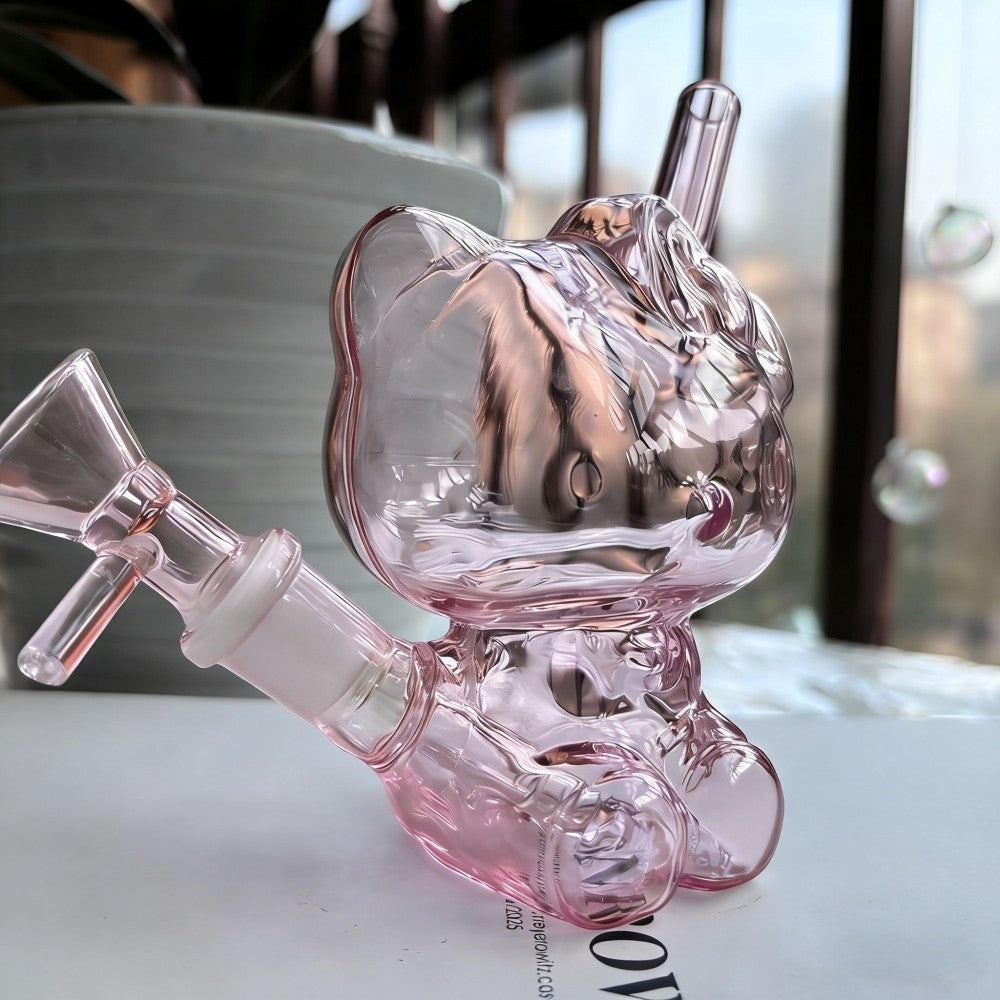 4'' Pink Cat Small Glass Bong Bubbler Diffuser Perc Smoking Pipe with 14Mm Bowl