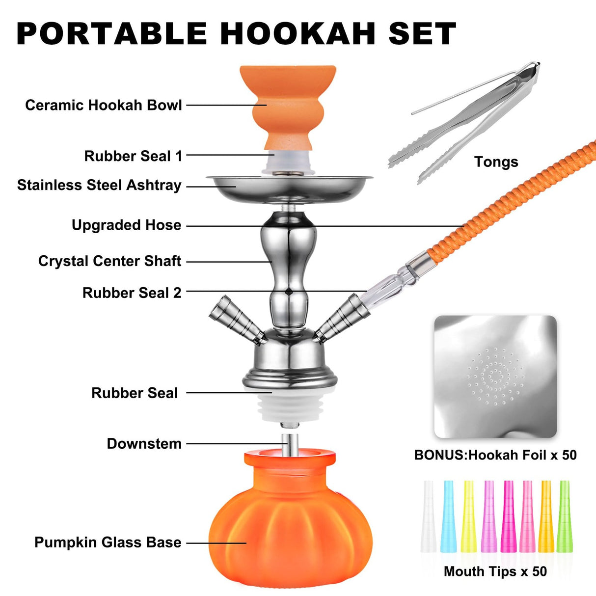 HOSE HOOKAH SET 11 INCH MINI SHISHA WITH PUMPKIN VASE, CERAMIC BOWL, ACCESSORIES