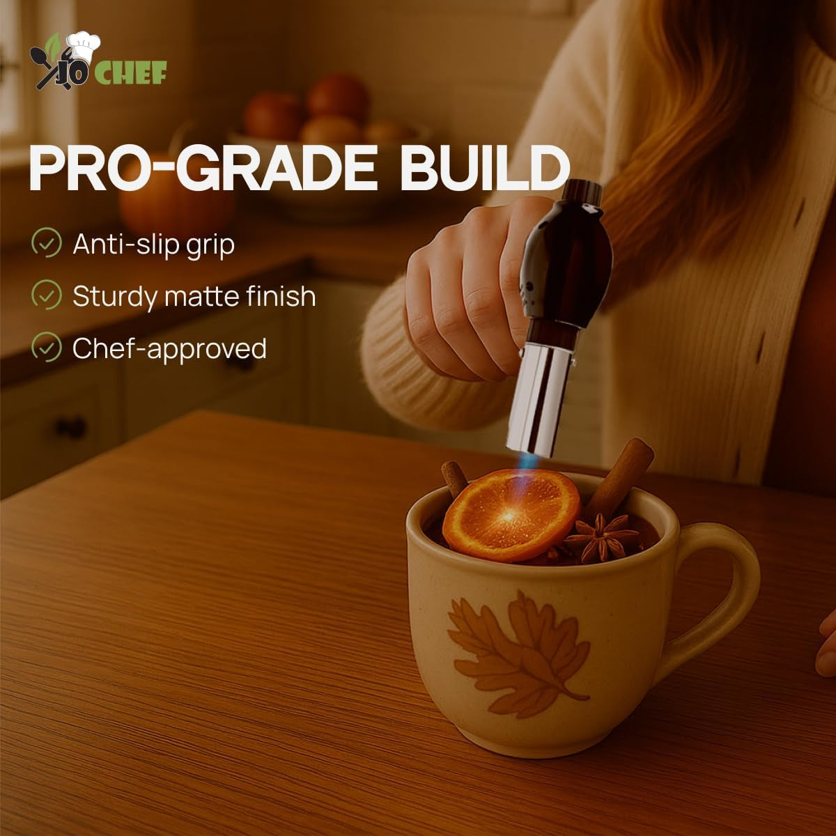 Jo Chef Burst Culinary Torch – 2,370°F Butane Torch, Refillable Adjustable Flame Lighter with Safety Lock for BBQ, Baking, Brulee Creme, DIY, Crafts and Soldering – 1 Butane Can Included