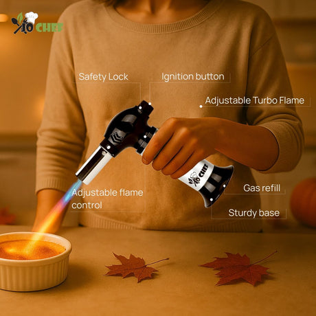 Jo Chef Burst Culinary Torch – 2,370°F Butane Torch, Refillable Adjustable Flame Lighter with Safety Lock for BBQ, Baking, Brulee Creme, DIY, Crafts and Soldering – 1 Butane Can Included