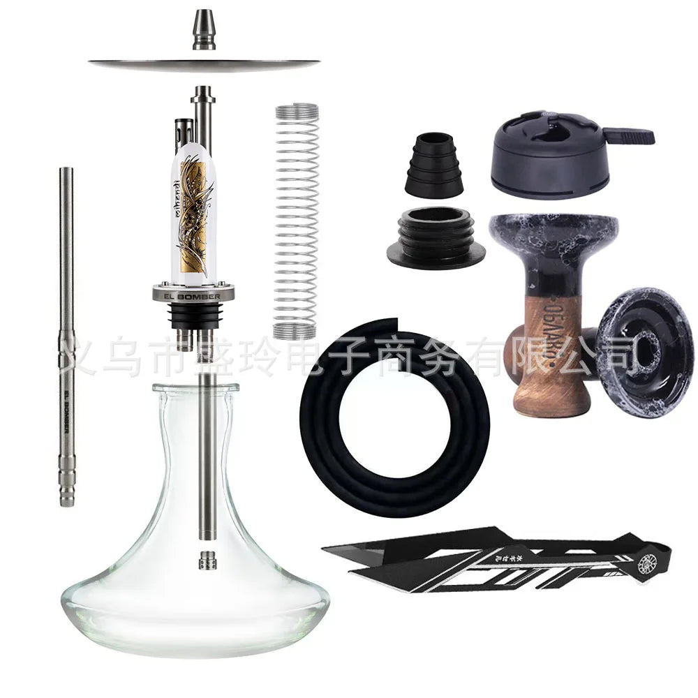 EL BOMBER STAINLESS STEEL SINGLE TUBE HOOKAH SET WITH GLASS BASE