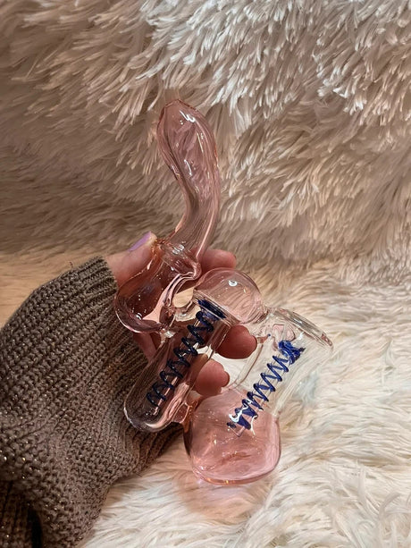 7.5"Pink Double Chamber Glass Bubbler Girly Glass Bong Pink Glass Water Pipe