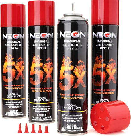 NEON 5X REFINED BUTANE LIGHTER GAS REFILL – UNIVERSAL, 300 ML (4 PACK)