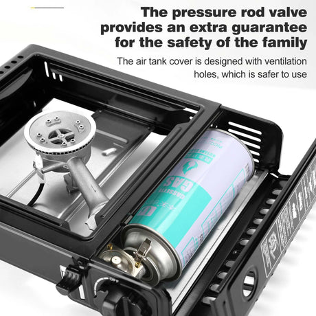 GVDV PORTABLE 1-BURNER BUTANE CAMPING BLACK STOVE WITH UPDATED CARRYING CASE
