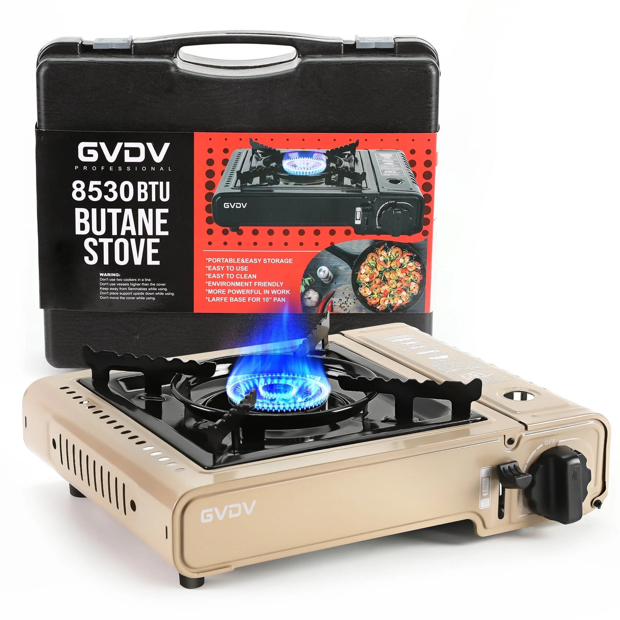 GVDV PORTABLE 1-BURNER BUTANE CAMPING GOLD STOVE WITH UPDATED CARRYING CASE