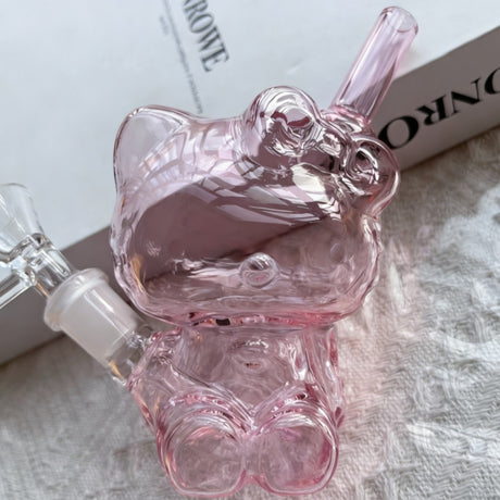 4'' Pink Cat Small Glass Bong Bubbler Diffuser Perc Smoking Pipe with 14Mm Bowl