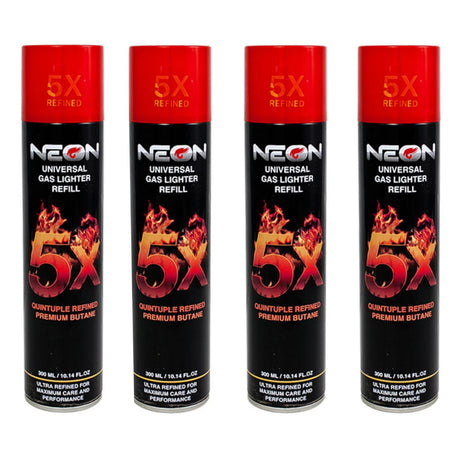 NEON 5X REFINED BUTANE LIGHTER GAS REFILL – UNIVERSAL, 300 ML (4 PACK)