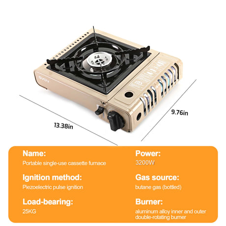 GVDV PORTABLE 1-BURNER BUTANE CAMPING GOLD STOVE WITH UPDATED CARRYING CASE