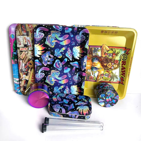 5-PACK TOBACCO KIT SET WITH STORAGE TUBES, GRINDER & ROLLING TRAY