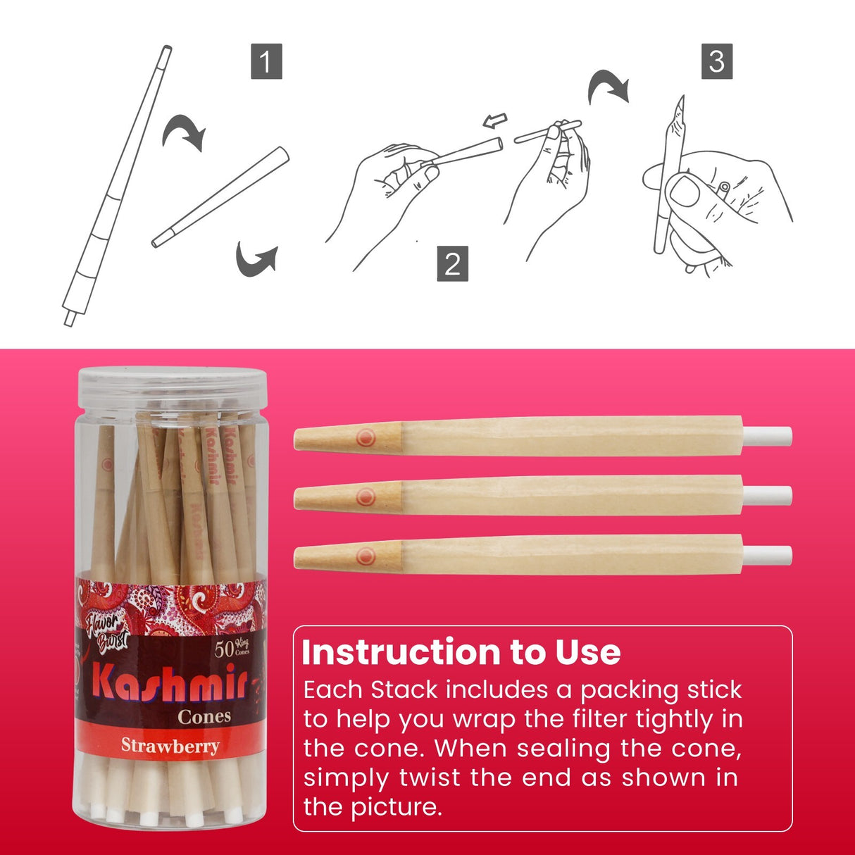 Kashmir Pre Rolled Cones King Size Strawberry Flavored Rolling Paper Cones 50 Ct