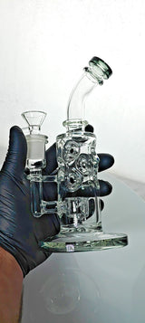 Small Bent Neck Bubbler Bong, 8" Tall, Percolator - Clear Glass, Black Color