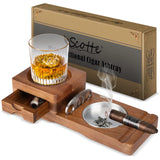 Scotte Cigar Ashtray for Men, Whiskey Glass Tray, Wooden Ash Tray, Cigar Cutter, Include Drawer, Cigar Slot, Accessories