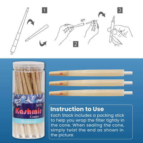 Kashmir Pre Rolled Cones King Size Blueberry Flavored Rolling Paper Cones 50 Ct