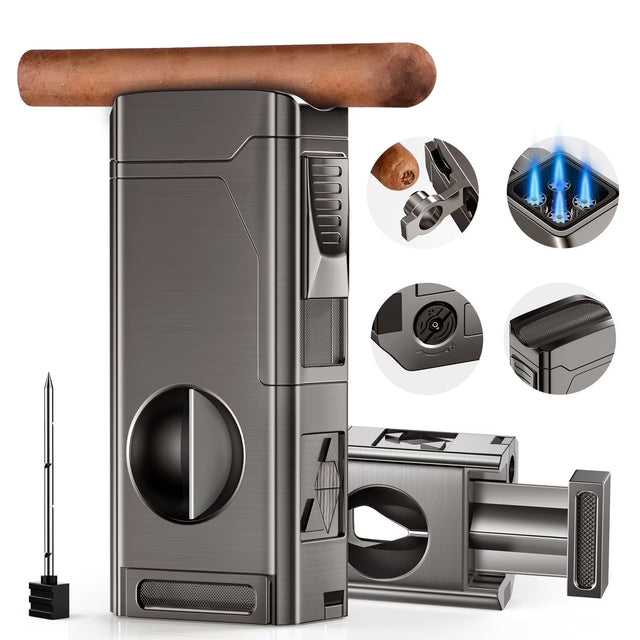 5-IN-1 WINDPROOF TORCH CIGAR LIGHTER – 4 JET FLAME, V-CUT, PUNCH & HOLDER
